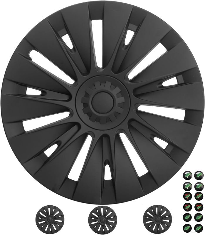 Photo 1 of Model Y Wheel Cover Hubcaps: 19 Inch Hubcaps with Logo Wheel Center Cap Fits 2019-2024 Model Y, Matte Black ABS Wheel Replacement Accessories, Wheel Rim Protector with Set of 4 Cap Sticker
