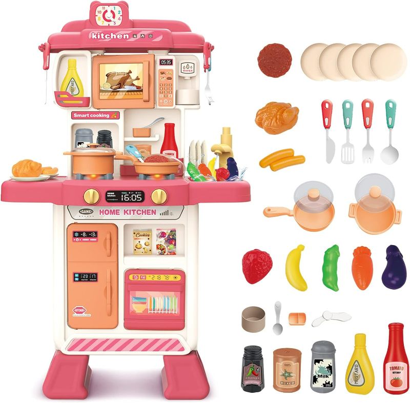 Photo 1 of deAO Kids Kitchen Playset Toy with Sounds and Lights, Role Playing Game Pretend Food and Cooking Playset for Kids,35 PCS Kitchen Accessories Set for 3 4 5 Years Old Girls Boys
