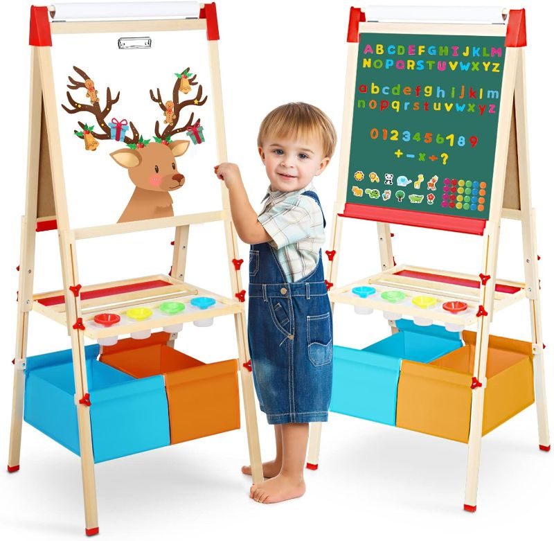 Photo 1 of Kids Wooden Easel with Paper Roll, Fixget Upgrade Double-Sided Whiteboard & Chalkboard Standing Easel, Art Easel with Numbers Magnetic Accessories Art and Craft Set Painting Drawing Gifts for Toddler
