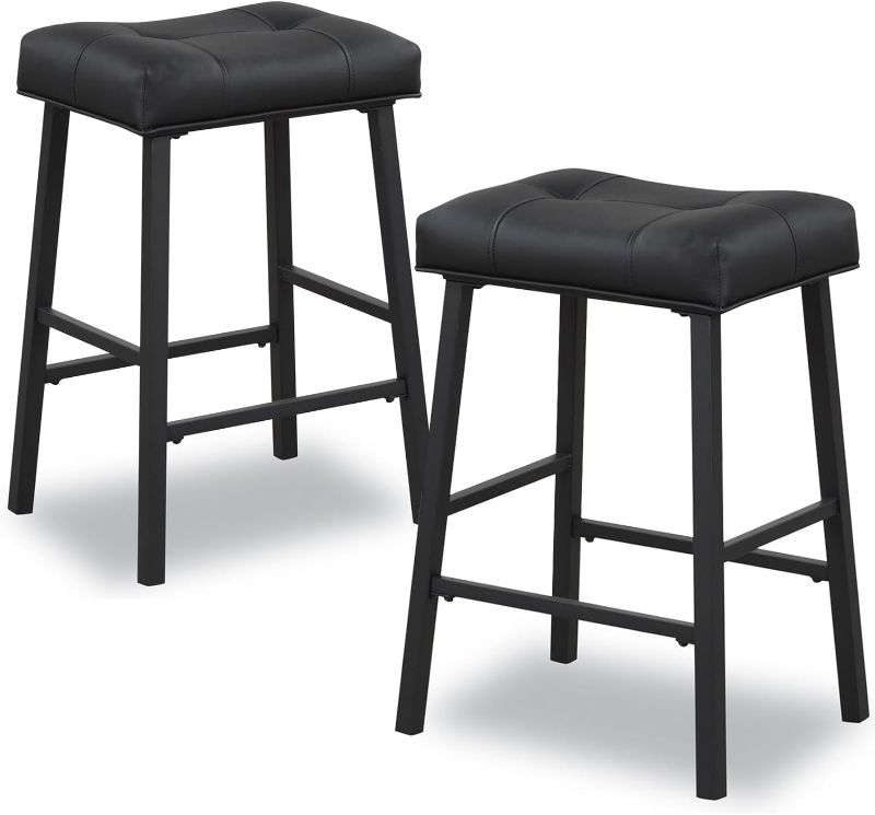 Photo 1 of Black Bar Stools Set of 2, 24 Inch Kitchen Counter Height Saddle Bar Stools with Upholstered Seat Padding, Breakfast Stools for Kitchen Counter, Bar, Dining Room, Black Metal,KR302PBK
