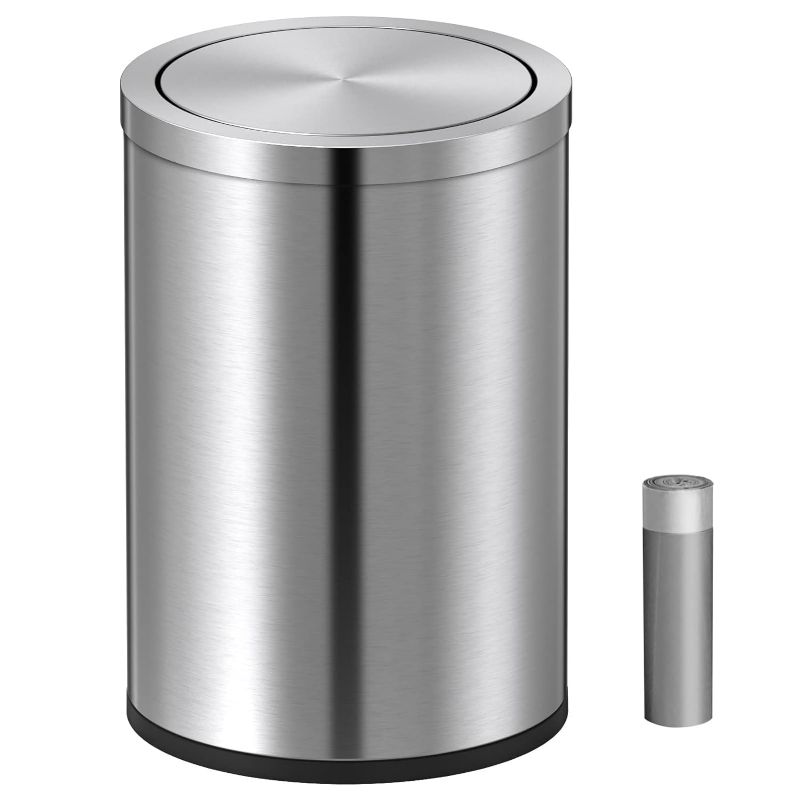 Photo 1 of Small Trash Can With Swing Lid 2.4 Gallons/9 Liter, Mini Trash Can With Lid, Stainless Steel Cylindrical Garbage Can For Home And Office, For Ground And Desktop(Brushed Silver)

