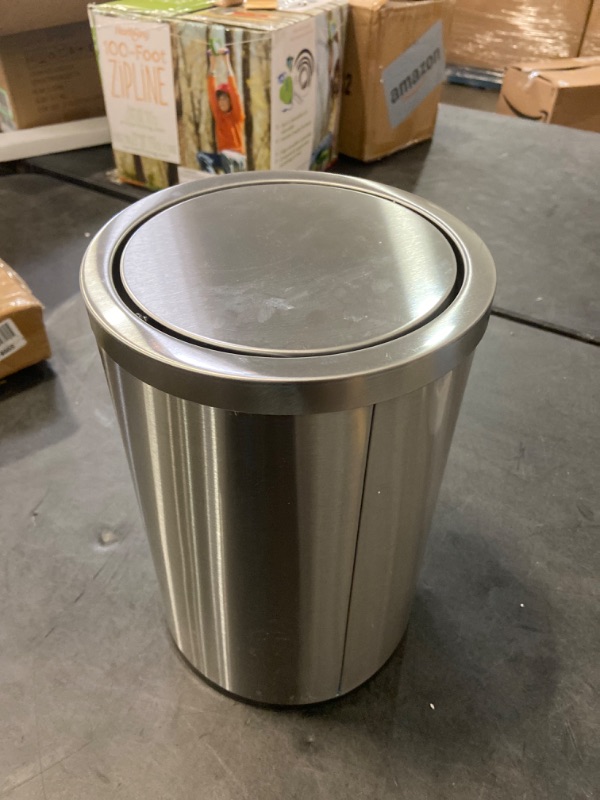 Photo 3 of Small Trash Can With Swing Lid 2.4 Gallons/9 Liter, Mini Trash Can With Lid, Stainless Steel Cylindrical Garbage Can For Home And Office, For Ground And Desktop(Brushed Silver)

