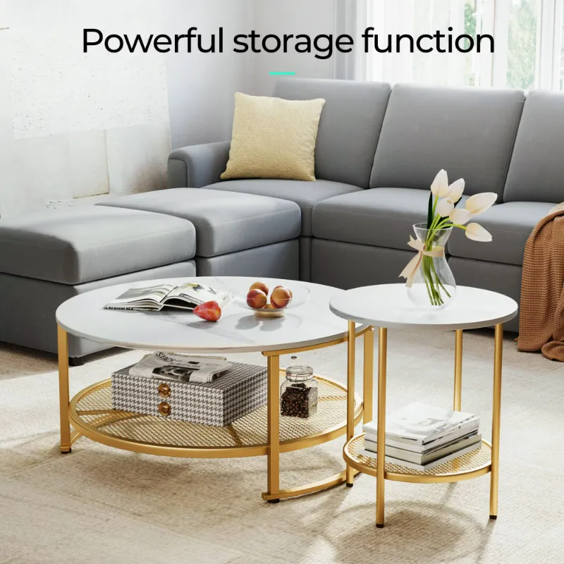 Photo 2 of Linsy Home Round Coffee Table, 2 Tiers Wooden Coffee Table with Storae for Living Room, White and Golden
