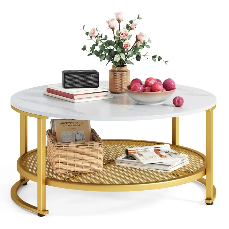 Photo 1 of Linsy Home Round Coffee Table, 2 Tiers Wooden Coffee Table with Storae for Living Room, White and Golden
