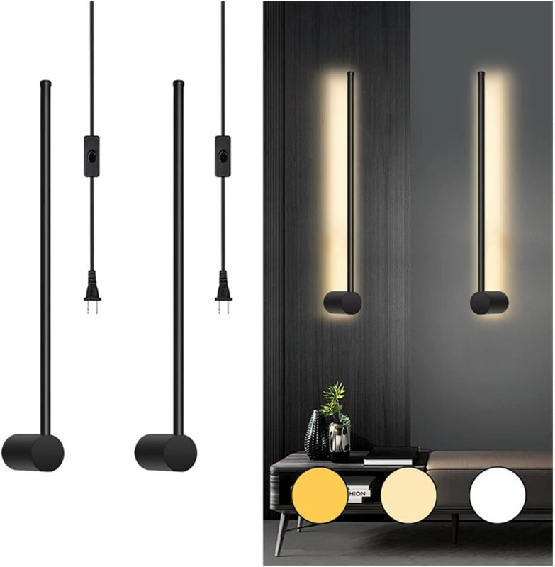 Photo 1 of Mikeru 2 Pack Modern Long Strip Wall Sconce, 23.6" LED Plug in Wall Sconce, 3-Color Wall Lamp with Plug in Cord Switch, Minimalist Decor Wall Light for Living Room Bedroom
