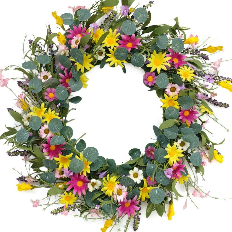 Photo 1 of GAUDIUM 20inch Artificial Spring Wreaths, White Pink and Yellow Daisy Wreaths, Front Door Window Home Decor Wreaths and Holiday Celebrations Multicolor
