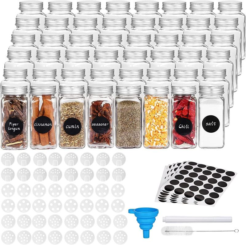 Photo 1 of  Glass Spice Jars, 48 Piece Seasoning Jars with Labels, Shaker Lids, Airtight Metal Lids, Silicone Funnel, Spice Bottles Empty Glass