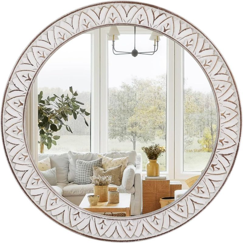 Photo 1 of fuxuiwy 24" Round Mirror Farmhouse Wooden Frame Circle Mirrors, Rustic Decorative Distressed Wall Mounted Mirror for Bathroom, Bedroom, Living Room, Entryway, Fireplace, Hall
