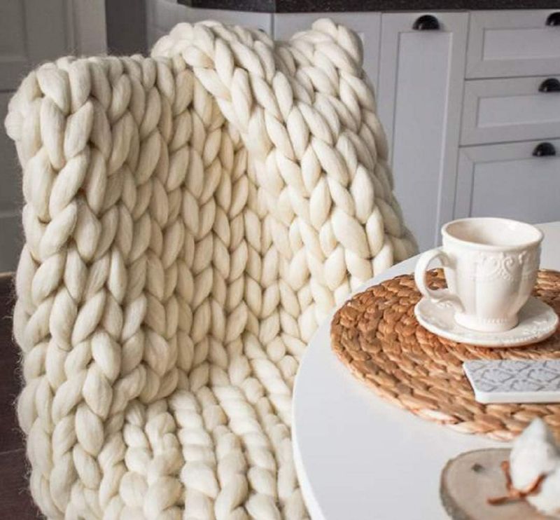 Photo 1 of Chunky Knit Blanket Hand Made Merino Wool Throw Boho Bedroom Sofa Home Decor Giant Yarn(Ivory White 47"x71")
