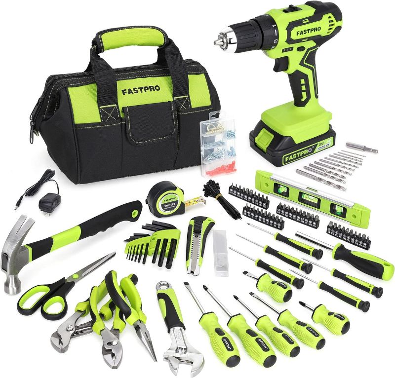 Photo 1 of FASTPRO 232-Piece 20V Cordless Lithium-ion Drill Driver and Home Tool Set, Household Repairing Tool Kit with Drill, 12-Inch Wide Mouth Open Storage Tool Bag, Green

