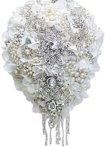 Photo 1 of IFFO White Hydrangea Drop Brooch Bouquet Silver Wedding Bouquets Crystal Teardrop Bridal Bouquet Pearl Tassels Decor
