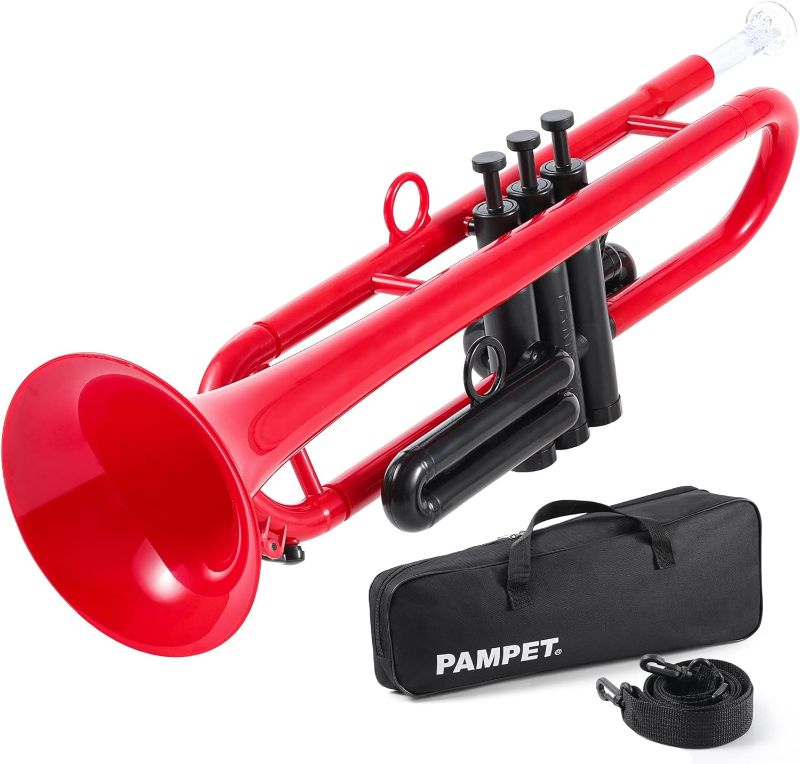 Photo 1 of PAMPET Professional Plastic Bb Trumpet Standard Trumpet Set for Student Beginner With 7C Mouthpiece and 3C Mouthpiece, Bb Trumpet Instrument, Red
