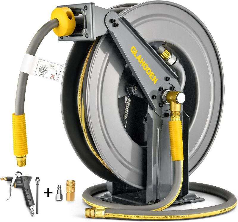 Photo 1 of GLAHODEN Double Arm Air Hose Reel 50 ft Retractable, 1/2 in Hybrid Hose Heavy Duty Steel Professional Air Compressor Hose Reel with 5 ft Lead in Max 300PSI Auto Rewind Quick Coupler Swivel Fitting
