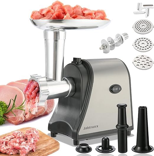 Photo 1 of Jabtraxx Electric Meat Grinder Stainless Steel Sausage Stuffer Maker with 2 Blades & 3 Plates,2000W Max,3 Sausage Stuffer Tubes & Kubbe Kit,Heavy Duty Meat Grinder European Plugs,for Home Kitchen

