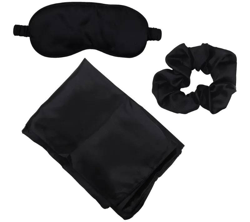 Photo 1 of Black 3 Piece Studio Dry Satin Beauty Sleep Set Includes 1 Pillow Case 1 Eye Mask & 1 Scrunchie The Satin Fibers Contains Skins Moisture & Prevents Skincare Products From Rubbing Off On Your Pillow While Sleeping New