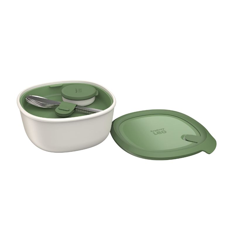 Photo 1 of Berghoff LEO PP Covered Bowl Set, Flatware With Sleeve, Small Sauce Container 7.75" x 7.75" x 3.75" 1.75 qt., Leakproof, Freezer Proof, Microwave Safe, White & Green