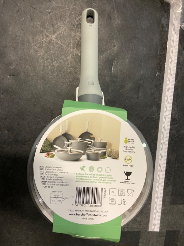 Photo 4 of BergHOFF LEO Non-stick Cast Aluminum Saucepan 6.25" 1.4qt, Ferno-Green, Non-toxic Coating, Glass Lid, Drain Hole, Stay-cool Handle, Induction Cooktop Ready, Grey Saucepan 1.4qt.