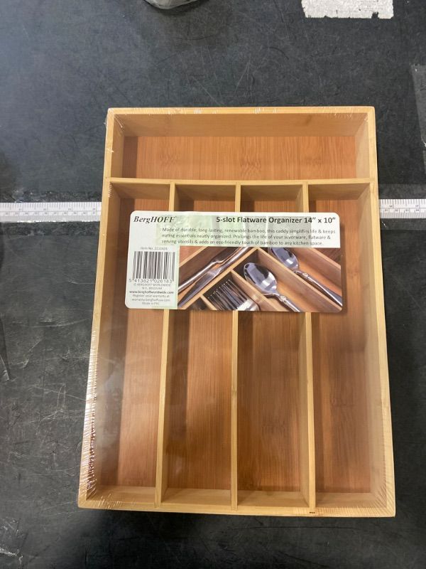 Photo 2 of BergHOFF Bamboo Flatware Organizer 5-slot, 13.75" x 9.75", Natural, Fit in most kitchen drawer, great for spoons, forks, knives, scissors, peelers, chef tools 13.75"x9.75"