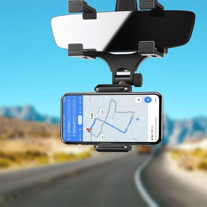 Photo 1 of Car Rear View Mirror Phone Mount, Universal 360° Rotation Expandable Car Phone Holder Cradle for Most Mobile Phone Devices iPhone 13/13 Pro/12/11/XS/XR/8 Plus, Samsung Galaxy, GPS Google Map
