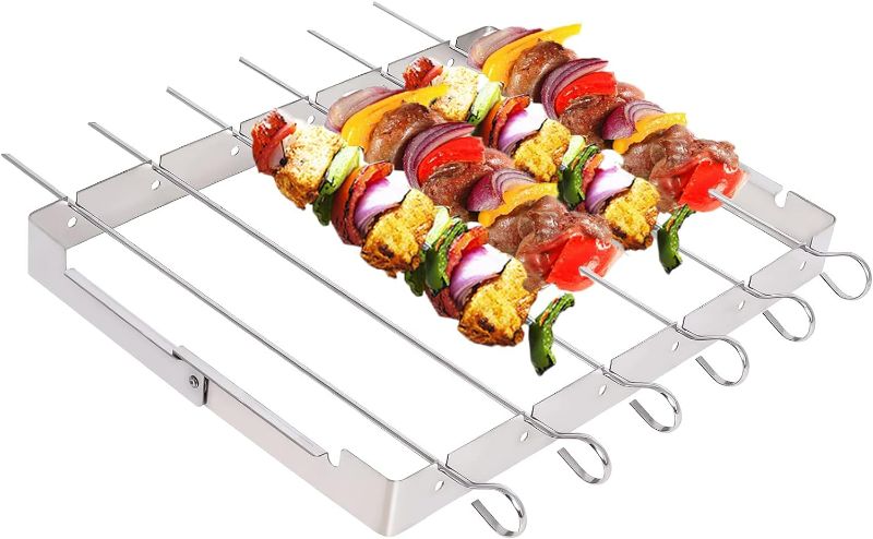 Photo 1 of Barbecue Grill Rack and 6 Kebab Skewers, Stainless Steel Barbecue Rack BBQ Skewer Foldable BBQ Skewer Rack Set for Party Picnic
