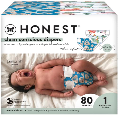 Photo 1 of The Honest Company Clean Conscious Diapers | Plant-Based, Sustainable | Holiday '22 Prints | Club Box, Size 1 (8-14 Lbs), 80 Count
