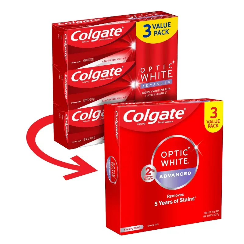 Photo 1 of Colgate Optic White Advanced Whitening Toothpaste with Fluoride, 2% Hydrogen Peroxide - Sparkling White - 3.2oz
