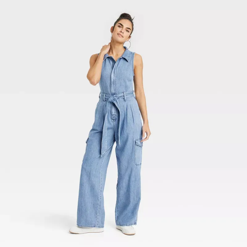 Photo 1 of Women's Denim Cargo Jumpsuit - Universal Thread™ Medium Wash
