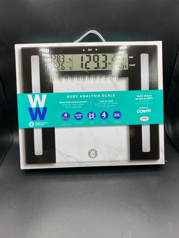 Photo 2 of Weight Watchers by Conair Glass Digital Display Body Analysis Body Weight Scale W/Bluetooth Tech 400lb Capacity WW711XF
