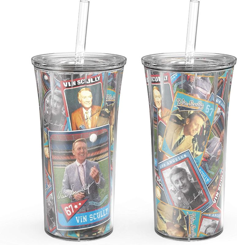 Photo 1 of Zak Designs Collectible Double Wall Insulated Plastic Set, 20 oz, Perfect for Cold Beverages Dodger Baseball Fans, Non BPA, Set of 2 Cups, Vin Scully Straw Tumbler

