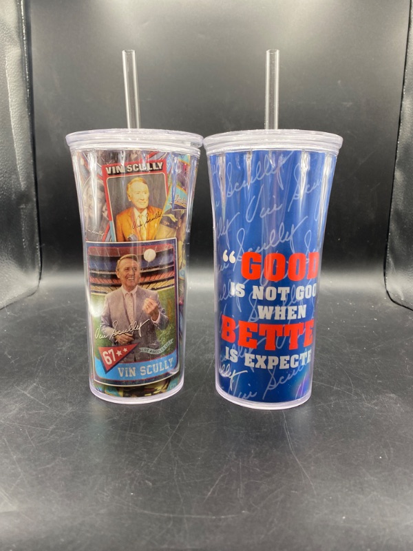 Photo 2 of Zak Designs Collectible Double Wall Insulated Plastic Set, 20 oz, Perfect for Cold Beverages Dodger Baseball Fans, Non BPA, Set of 2 Cups, Vin Scully Straw Tumbler
