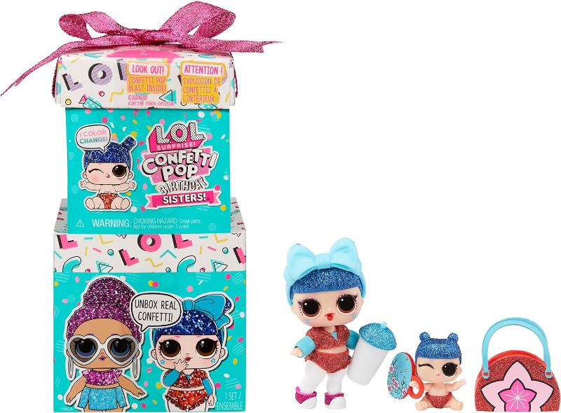 Photo 1 of L.O.L. Surprise! Confetti Pop Birthday Sisters- with Collectible Doll, Lil Sister, 10 Surprises, Confetti Surprise unboxing, Accessories, Limited Edition Doll, Present Box Packaging
