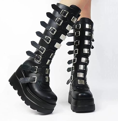 Photo 1 of Gothniero High Platform Knee Boots Chunky Heel Wedge Black Boots For Women Combat Goth Punk Motorcycle Booties Zip up With Metal Buckles Size 8
