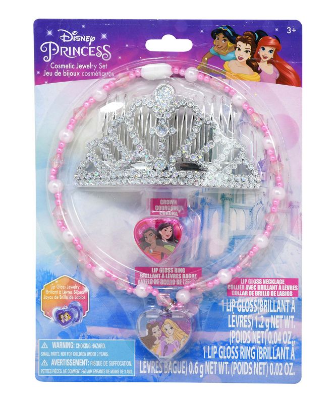 Photo 1 of Disney Princess Cosmetic Jewelry Set Pink Necklace Pretend Diamond Tiara Lip Gloss Locket
