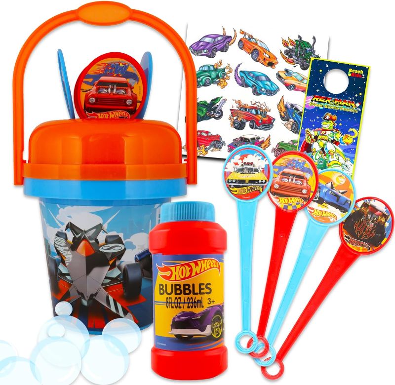 Photo 1 of Hot Wheel Bubble Bucket Set - Bundle with No Spill Hot Wheel Bubble Bucket with Bubble Wand and Tattoo, and More | Hot Wheel Outdoor Toys
