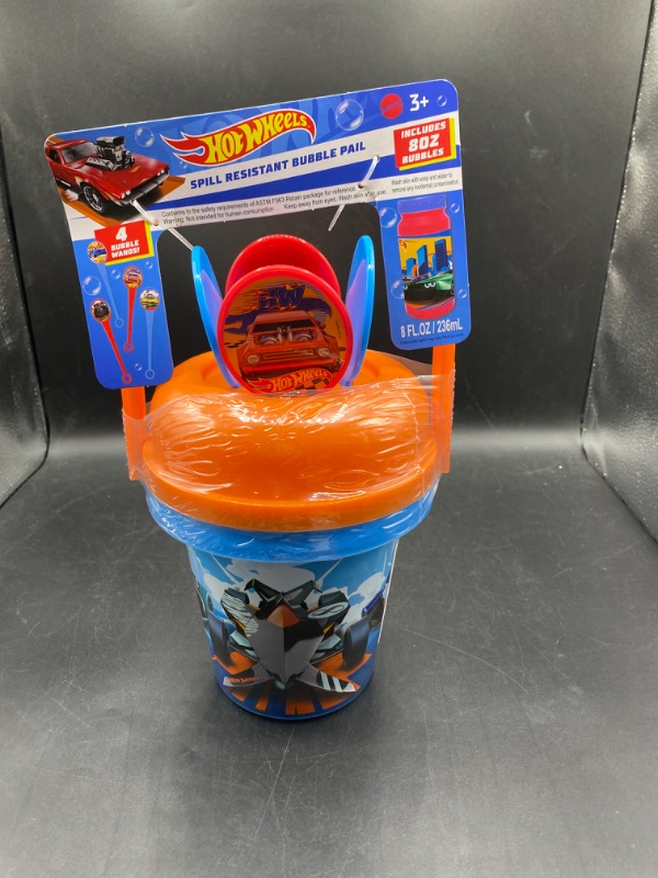 Photo 2 of Hot Wheel Bubble Bucket Set - Bundle with No Spill Hot Wheel Bubble Bucket with Bubble Wand and Tattoo, and More | Hot Wheel Outdoor Toys
