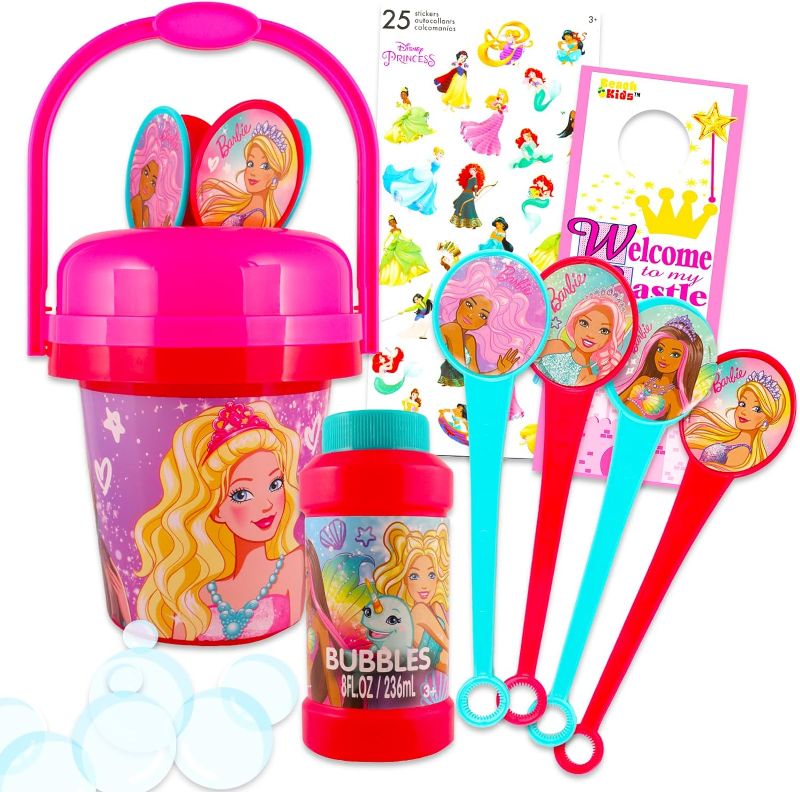 Photo 1 of Barbie Bubble Wand Set for Girls - Bundle with No Spill Barbie Bubble Bucket with Bubble Wand and Bubbles Plus Stickers, More | Barbie Outdoor Toys
