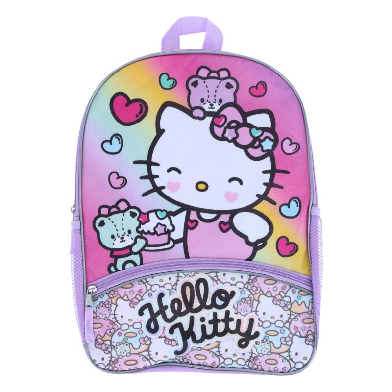 Photo 1 of Hello Kitty Backpack 16" Sanrio Front Zipper Pocket Teddy Bears Hearts Cupcakes
