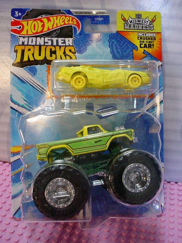 Photo 1 of 2023 MONSTER Trucks MIDNIGHT MADNESS ?yellow?& Crushed Car?Hot Wheels 2 Pack
