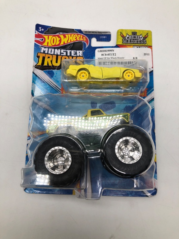Photo 2 of 2023 MONSTER Trucks MIDNIGHT MADNESS ?yellow?& Crushed Car?Hot Wheels 2 Pack
