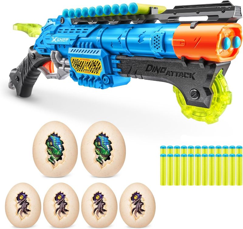 Photo 1 of Dino Attack Claw Hunter (24 Darts + 4 Shooting Targets) by ZURU, X-Shot Blue Foam Dart Blaster, Toy Blaster, Shotgun Style, Twin Barrel, Dinosaur Design Toys for Boys, Kids, Teens (Blue)
