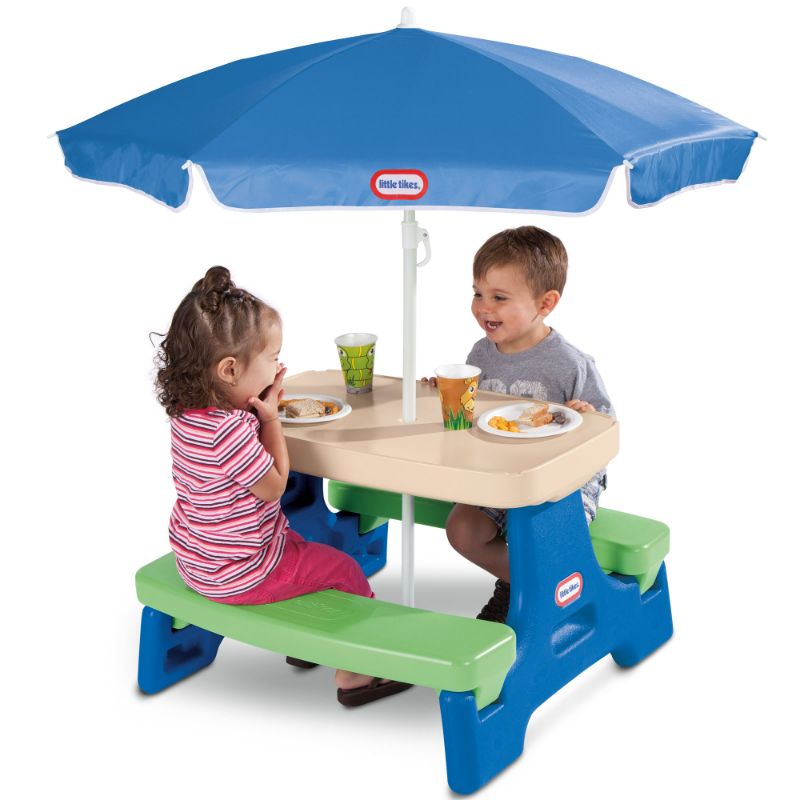 Photo 1 of Little Tikes Easy Store Jr. Picnic Table with Umbrella Blue & Green - Play Table with Umbrella for Kids
