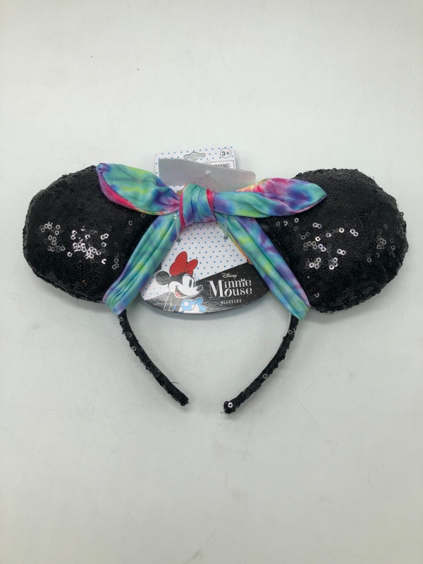 Photo 2 of Minnie Mouse Ears Headband with Ombre Rainbow Knotted Ribbon and Sequins - Classic Black Minnie Ears, Disney Headband for Girls with Sequins and Bow, Headband Ears for Dress Up, Cosplay, Pretend Play
