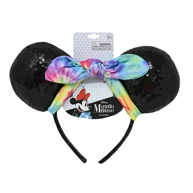 Photo 1 of Minnie Mouse Ears Headband with Ombre Rainbow Knotted Ribbon and Sequins - Classic Black Minnie Ears, Disney Headband for Girls with Sequins and Bow, Headband Ears for Dress Up, Cosplay, Pretend Play
