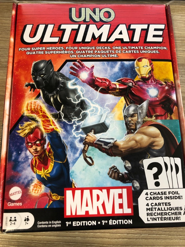 Photo 2 of UNO Ultimate Marvel Card Game with 4 Character Decks 4 Collectible Foil Cards & Special Rules
