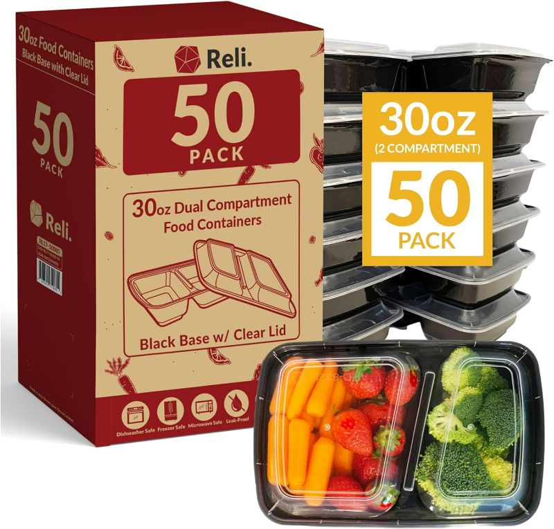 Photo 1 of Reli. Meal Prep Containers, 30 oz. (50 Pack) - Black 2 Compartment Food Containers with Lids, Microwavable Food Storage Containers - Black Reusable Bento Box/Lunch Box Containers for Meal Prep (30 oz)
