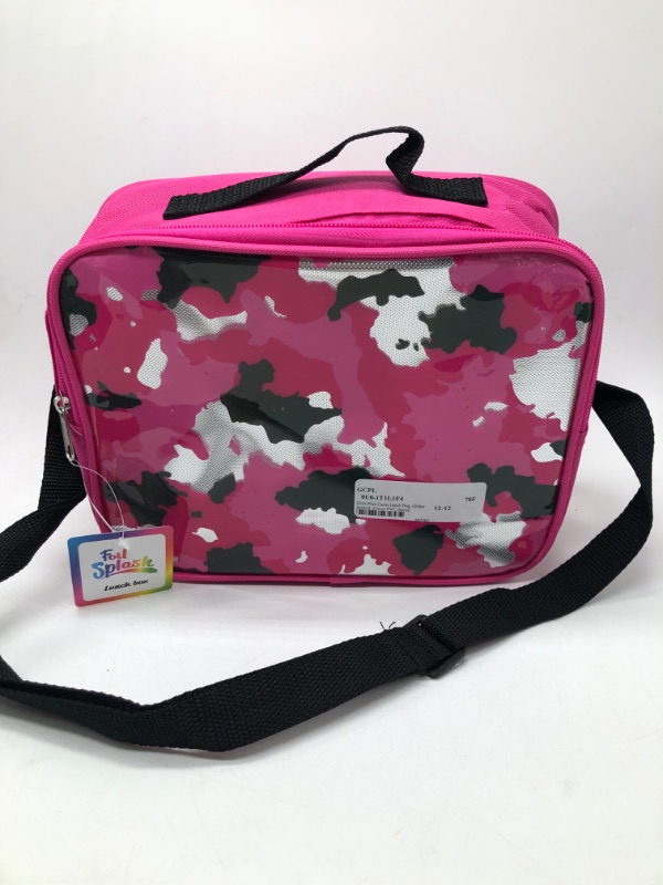 Photo 2 of Girls Camo Lunch Bag W/strap- Glitter Backing & PVC Print -600D Poly & 4mm Foam
