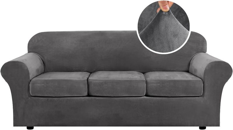 Photo 2 of H.VERSAILTEX 4 Pieces Thick Velvet Sofa Covers Couch Covers for 3 Cushion Couch Sofa High Stretch Slipcovers Furniture Protector Form Fit Luxury Couch Cover for Dogs Width Up to 90 Inch(Sofa,Grey)
