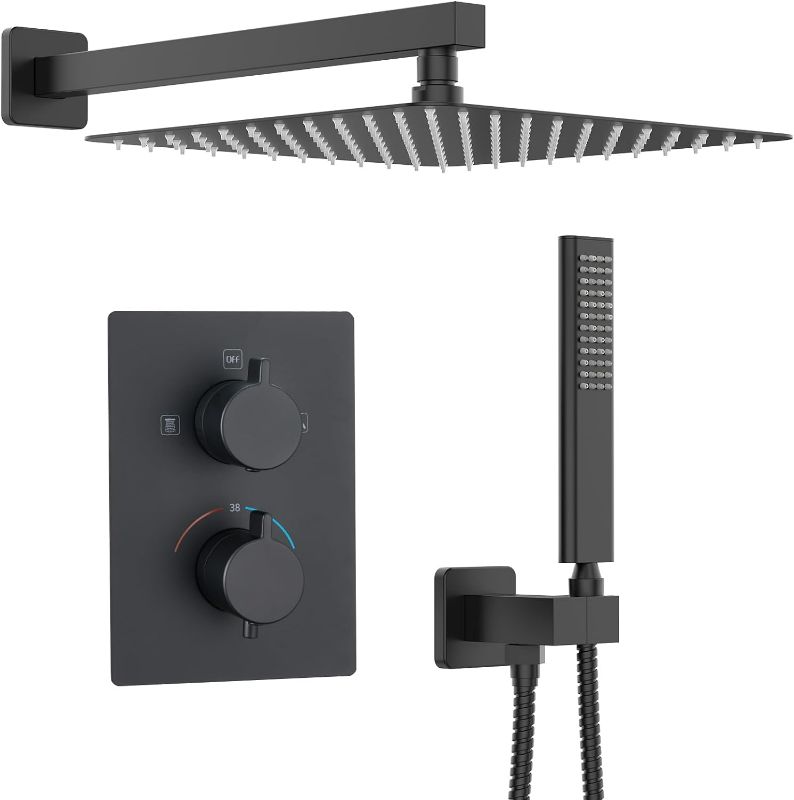 Photo 2 of Iriber Thermostatic Shower System Wall Mount with 12 Inch Rainfall Shower Head and Handheld Bathroom Shower Set Contain Shower Faucet Mixer Valve Trim Kit (Valve Included),Mattle Black
