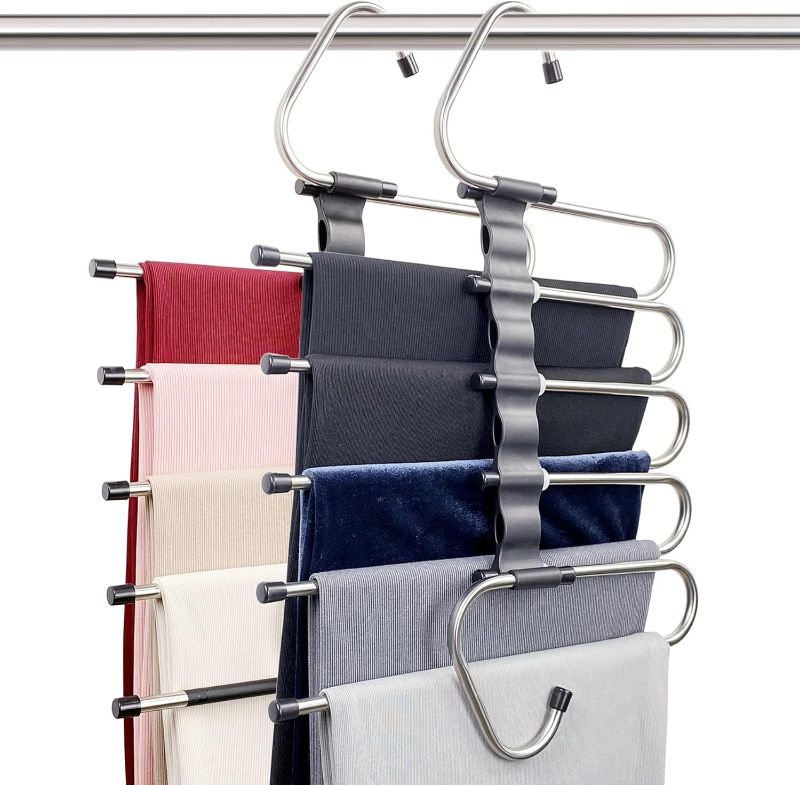 Photo 1 of Magic Pants Hangers Space Saving - 2 Pack for Closet Multiple Layers Multifunctional Uses Rack Organizer for Trousers Scarves Slack (2 Pack with 10 Metal Clips)
