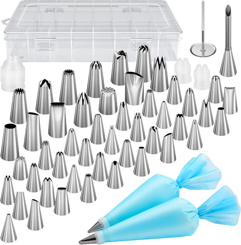Photo 1 of Kootek 54 in 1 Piping Bags and Tips Set with 13 Large Size Piping Tips, 35 Standard Size Icing Tips, 2 Reusable Pastry Bags 12 Inch, Cake Decorating Kit Supplies, Frosting Piping Kit for Cake, Cupcake
